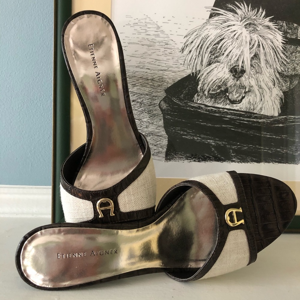 Etienne Aigner Leather & Linen Slides w/ Gold Trim - Picture 2 of 12